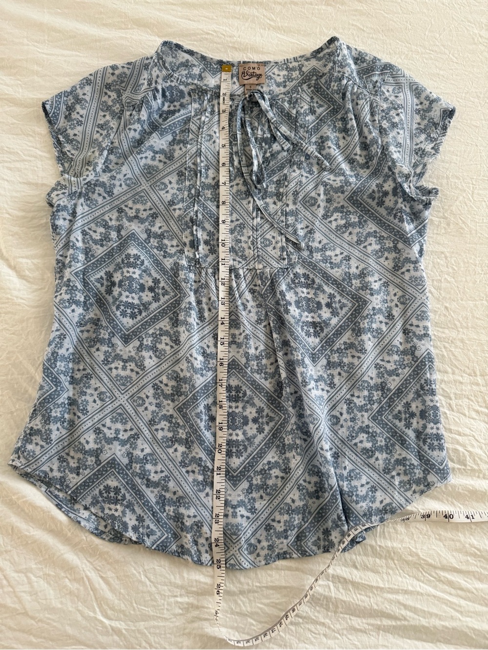 Como Vintage Women's Blue Printed Tie-Neck Peasant Top - Picture 8 of 8